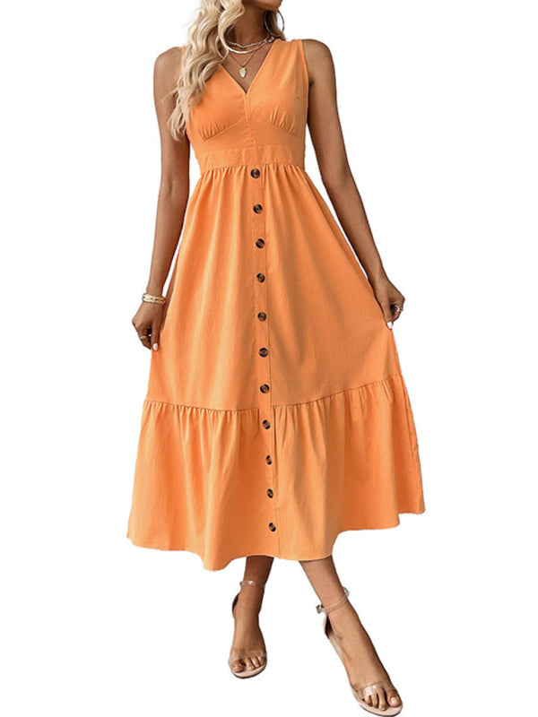 Minimalistisches, einfarbiges, ärmelloses Kleid mit Knopfleiste und V-Ausschnitt für Damen 