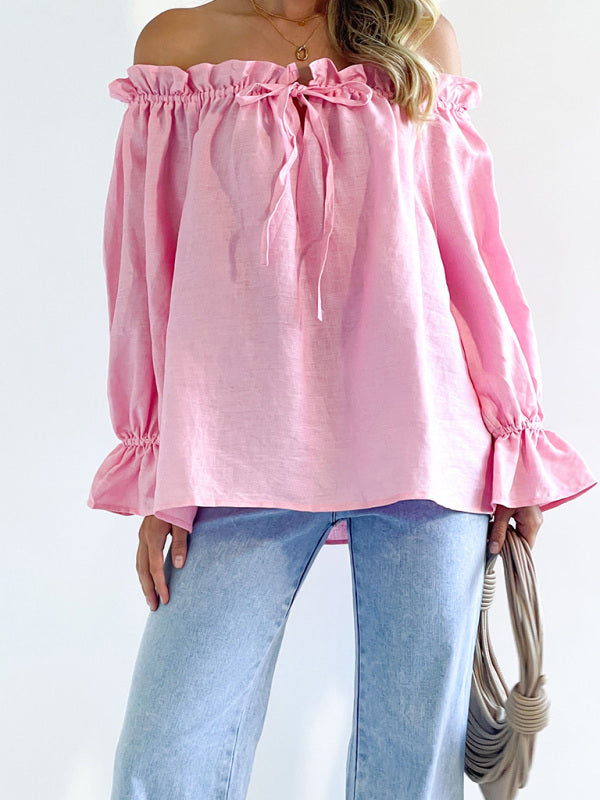 Elegant Bandage Loose Casual One Shoulder Balloon Sleeve Top - Closther