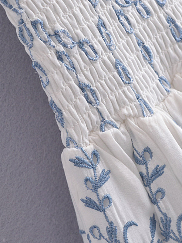 Blue and White Porcelain Embroidered Bodycon Dress - Closther