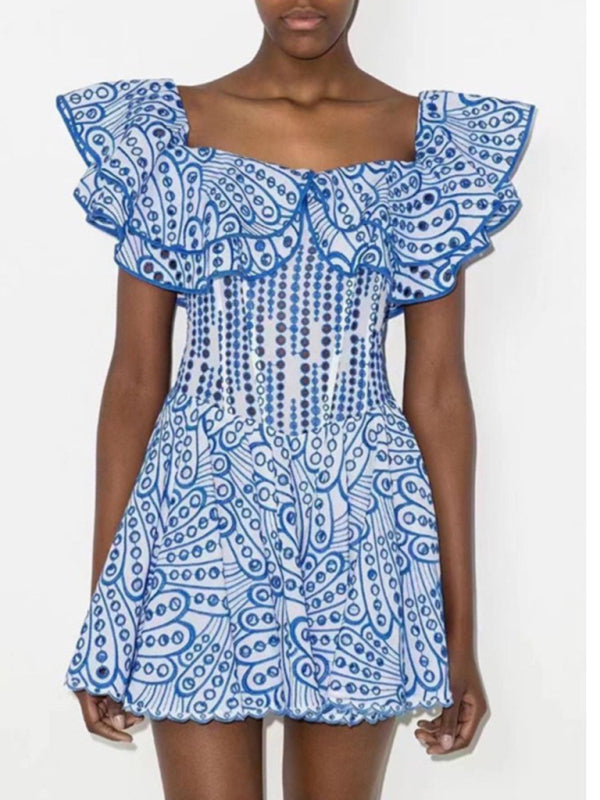 Süßes und sexy festliches Kleid mit einseitigem Halsausschnitt, Rüschensaum und Lochstickerei 