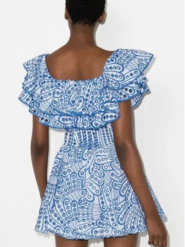 Süßes und sexy festliches Kleid mit einseitigem Halsausschnitt, Rüschensaum und Lochstickerei 