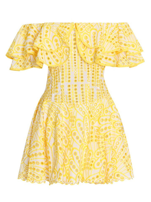 Süßes und sexy festliches Kleid mit einseitigem Halsausschnitt, Rüschensaum und Lochstickerei 