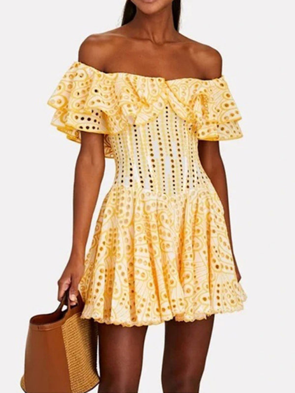 Süßes und sexy festliches Kleid mit einseitigem Halsausschnitt, Rüschensaum und Lochstickerei 