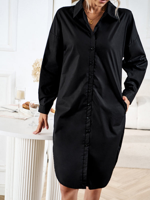 Women's solid color casual all-match long-sleeved shirt dress - Closther