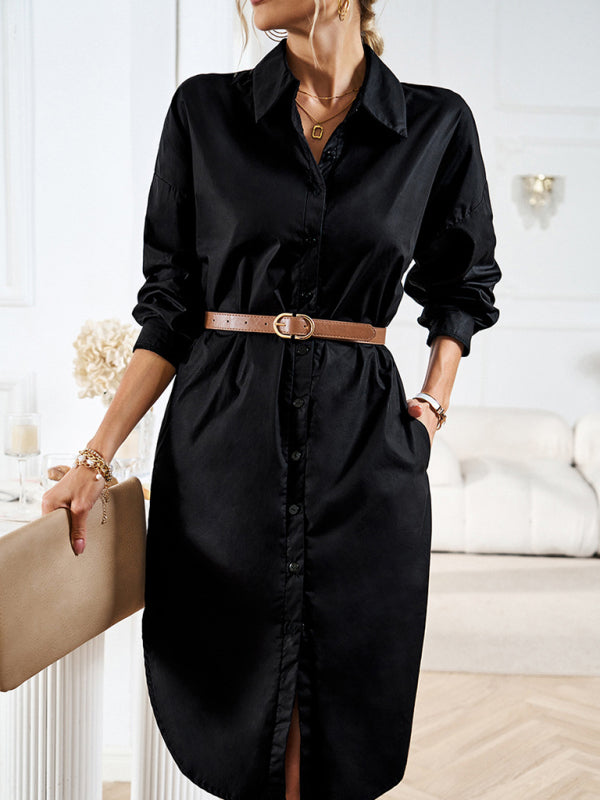 Women's solid color casual all-match long-sleeved shirt dress - Closther