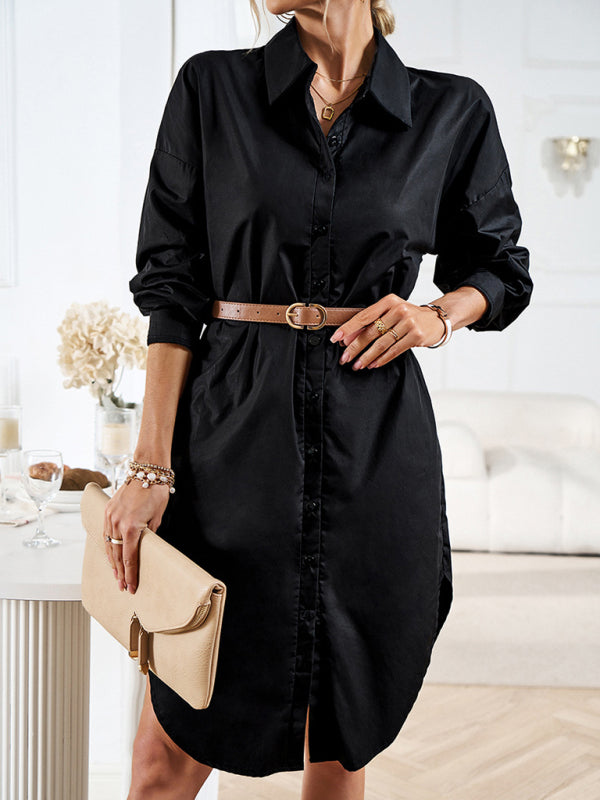 Women's solid color casual all-match long-sleeved shirt dress - Closther