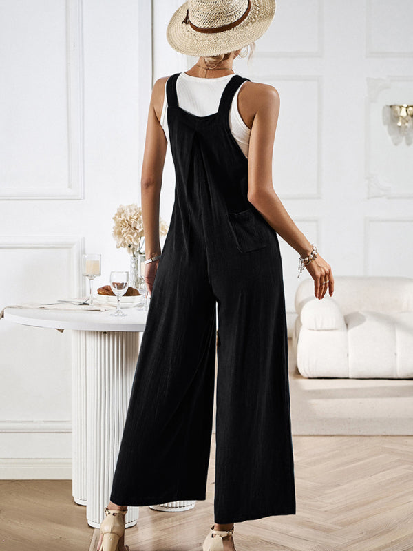 Women's solid color casual all-match loose wide-leg jumpsuit - Closther