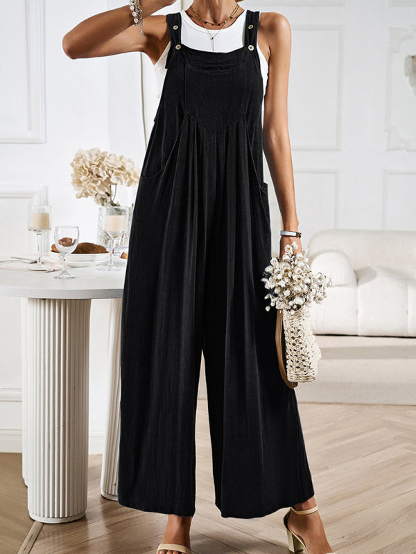 Women's solid color casual all-match loose wide-leg jumpsuit - Closther