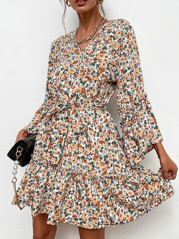 V-neck printed long-sleeved early autumn dress - Closther