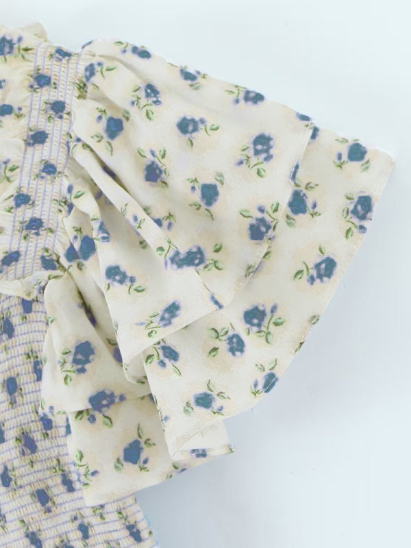 Damen-Set: Elastisches Oberteil mit fliegenden Ärmeln, Blumenmuster und Hüftrock 