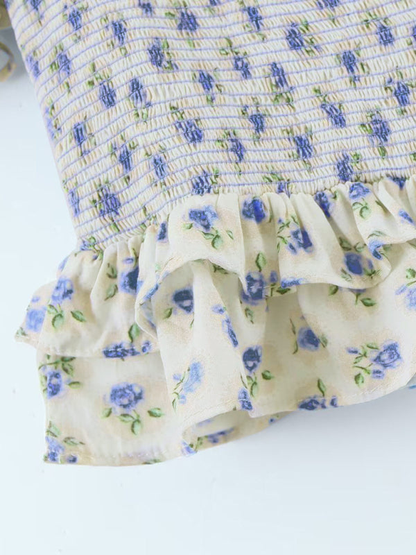 Damen-Set: Elastisches Oberteil mit fliegenden Ärmeln, Blumenmuster und Hüftrock 