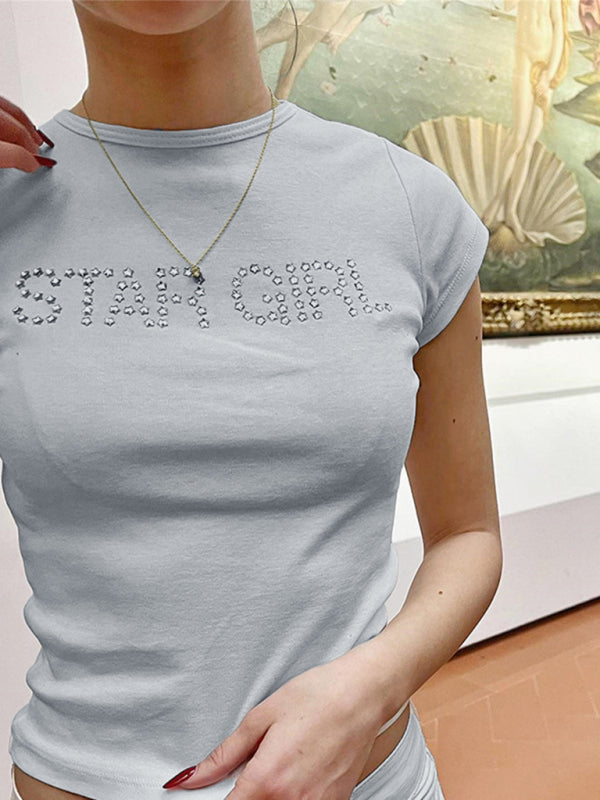 Short-sleeved T-shirt letter ironing rhinestone inner layered slim top - Closther