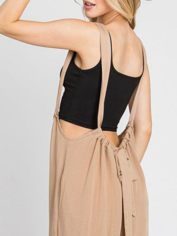 Neuer Jumpsuit in Unifarbe, vielseitig kombinierbar, mit Schnürung, lockerer Passform, doppelten Seitentaschen und weitem Bein 