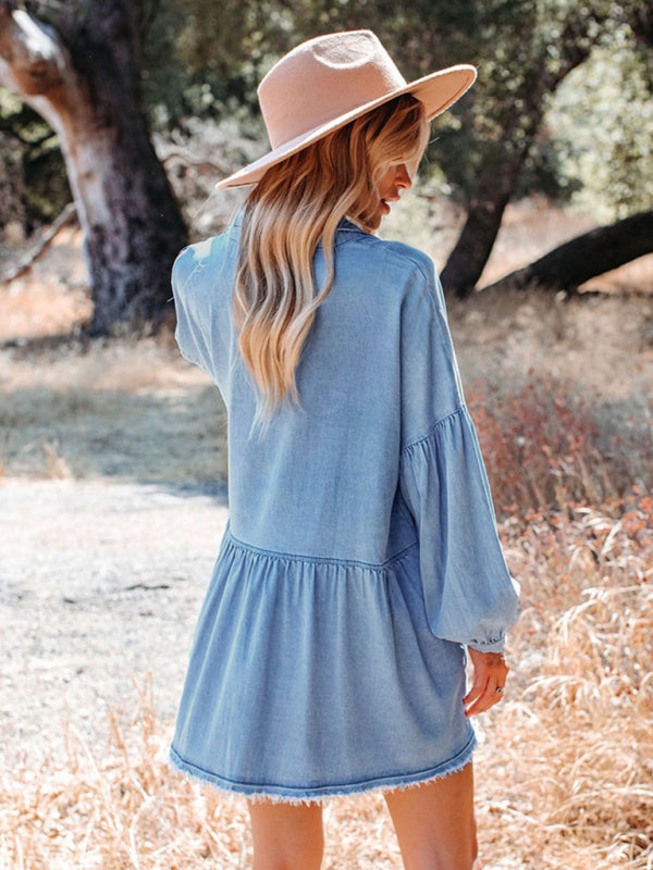 Balloon Sleeve Short Dress Vintage Fashion Loose Denim Dress - Closther