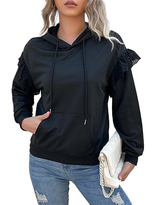 Sweat à capuche décontracté en polyester uni avec détails en dentelle 