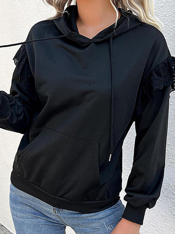 Sweat à capuche décontracté en polyester uni avec détails en dentelle 