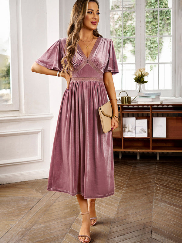 New elegant V-neck short-sleeved velvet dress - Closther