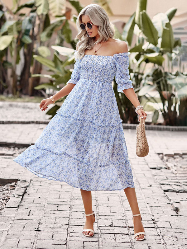 Puff Sleeve Narrow Waist Large Skirt Floral Print Dress - Closther