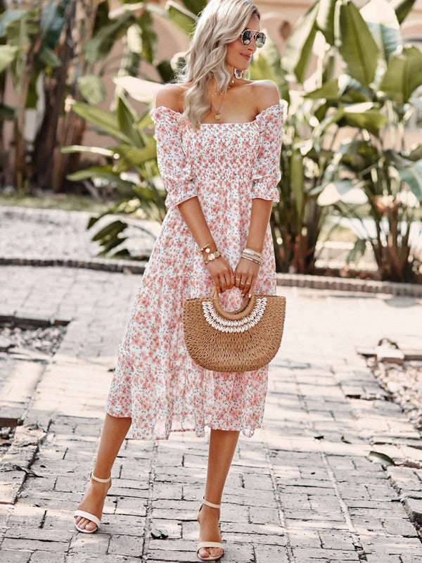 Puff Sleeve Narrow Waist Large Skirt Floral Print Dress - Closther