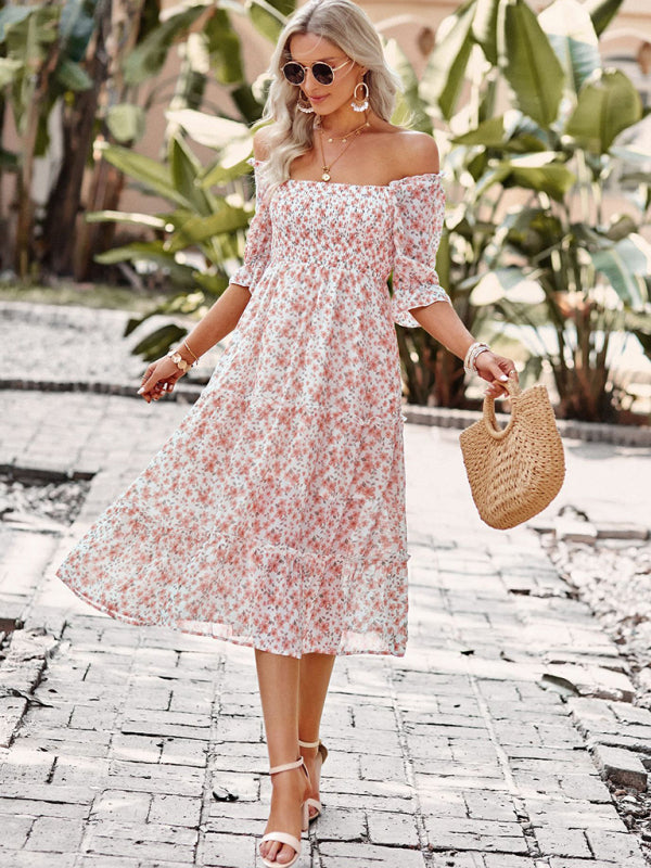 Puff Sleeve Narrow Waist Large Skirt Floral Print Dress - Closther