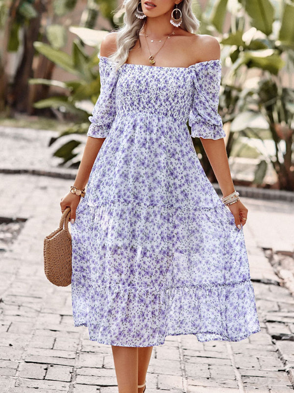 Puff Sleeve Narrow Waist Large Skirt Floral Print Dress - Closther