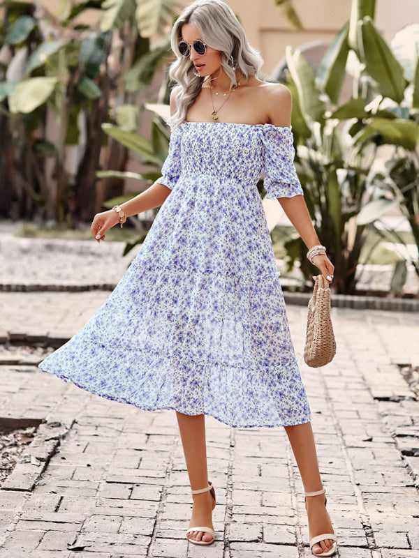 Puff Sleeve Narrow Waist Large Skirt Floral Print Dress - Closther