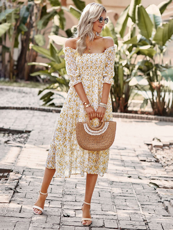 Puff Sleeve Narrow Waist Large Skirt Floral Print Dress - Closther