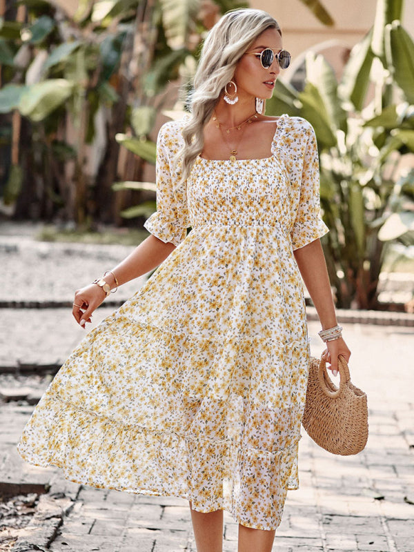 Puff Sleeve Narrow Waist Large Skirt Floral Print Dress - Closther