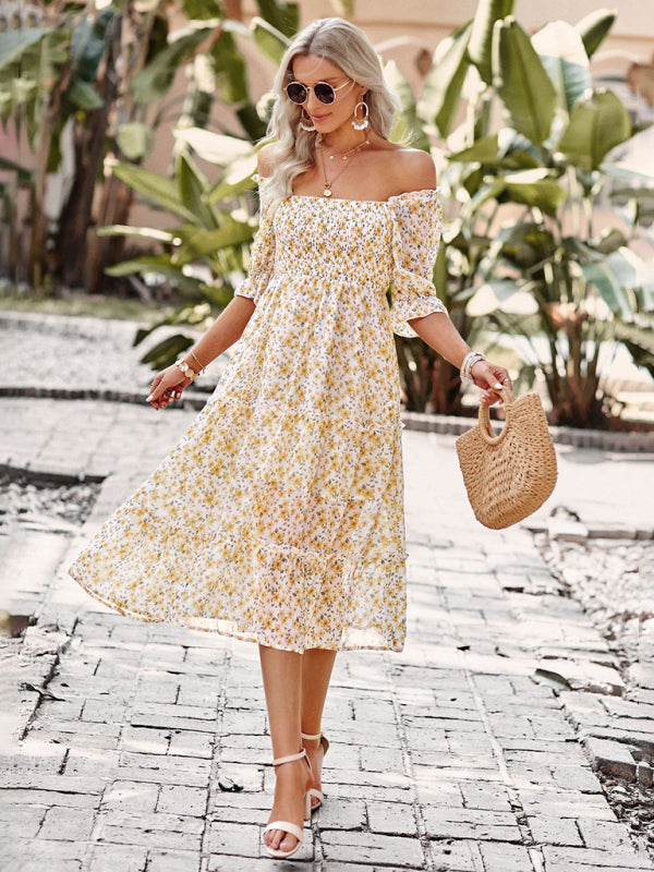 Puff Sleeve Narrow Waist Large Skirt Floral Print Dress - Closther