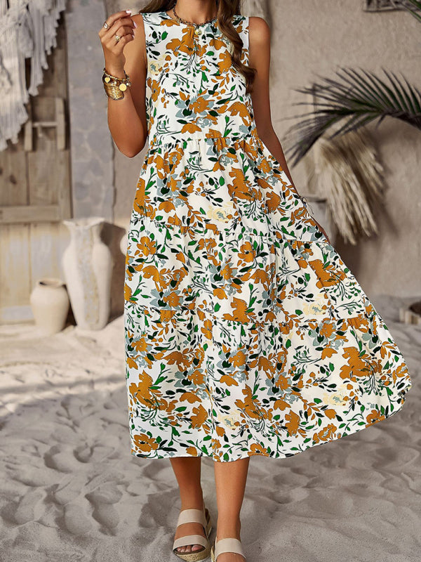 Spring and summer halter neck loose holiday multi-layer print dress - Closther