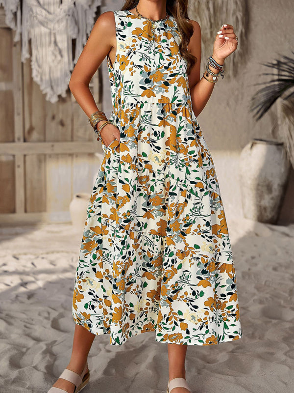 Spring and summer halter neck loose holiday multi-layer print dress - Closther