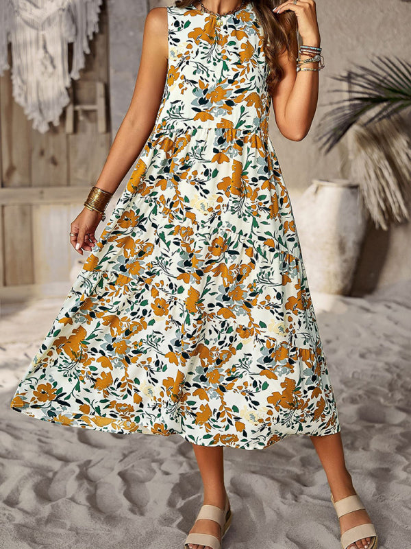 Spring and summer halter neck loose holiday multi-layer print dress - Closther