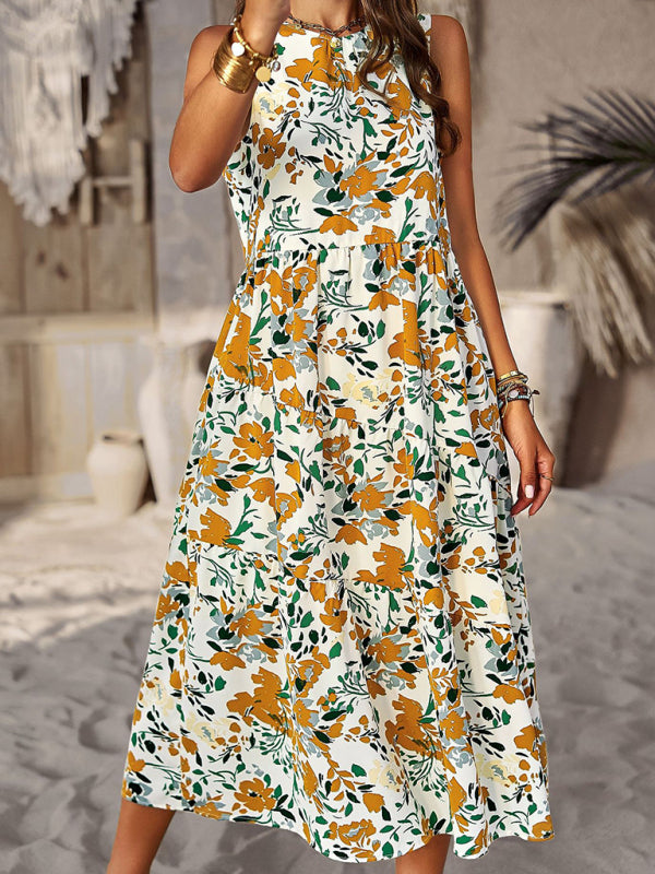 Spring and summer halter neck loose holiday multi-layer print dress - Closther