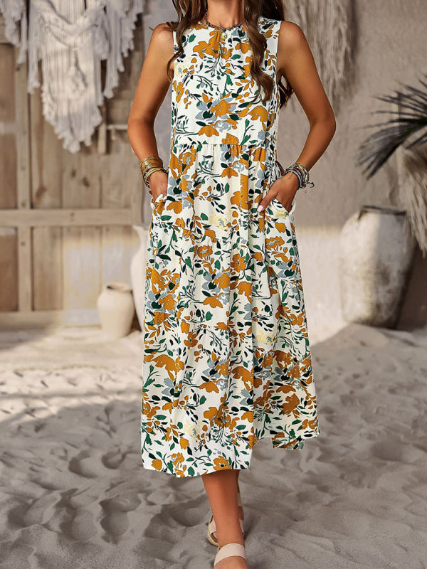 Spring and summer halter neck loose holiday multi-layer print dress - Closther