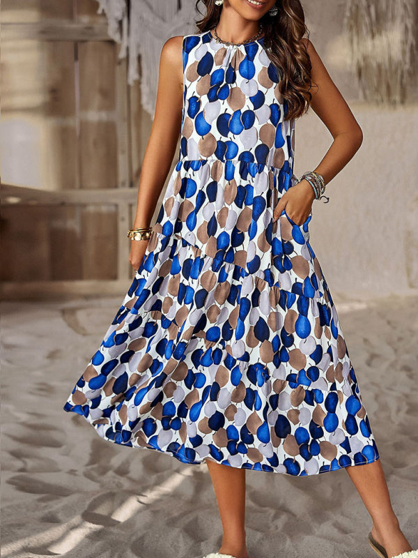 Spring and summer halter neck loose holiday multi-layer print dress - Closther