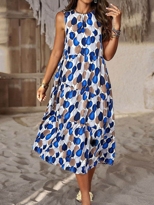 Spring and summer halter neck loose holiday multi-layer print dress - Closther