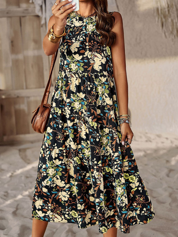 Spring and summer halter neck loose holiday multi-layer print dress - Closther