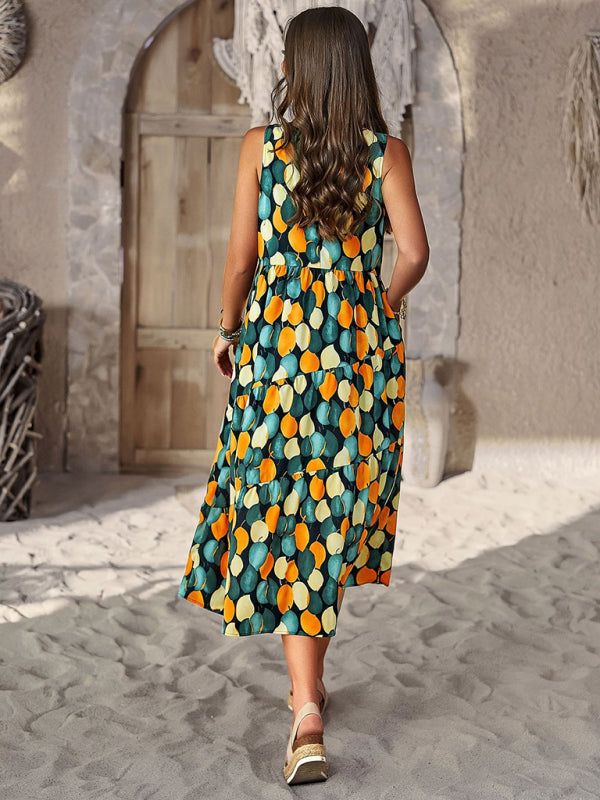 Spring and summer halter neck loose holiday multi-layer print dress - Closther