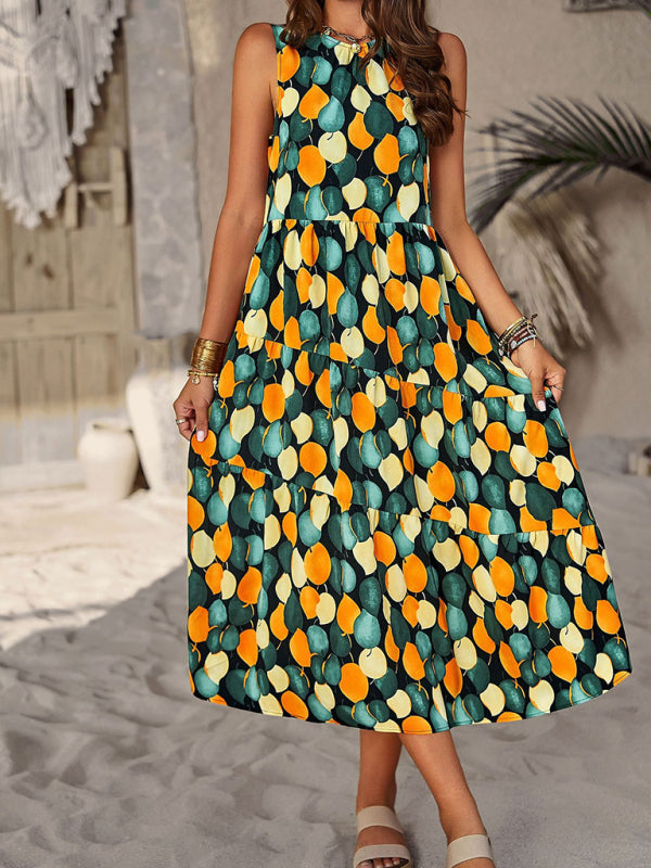 Spring and summer halter neck loose holiday multi-layer print dress - Closther