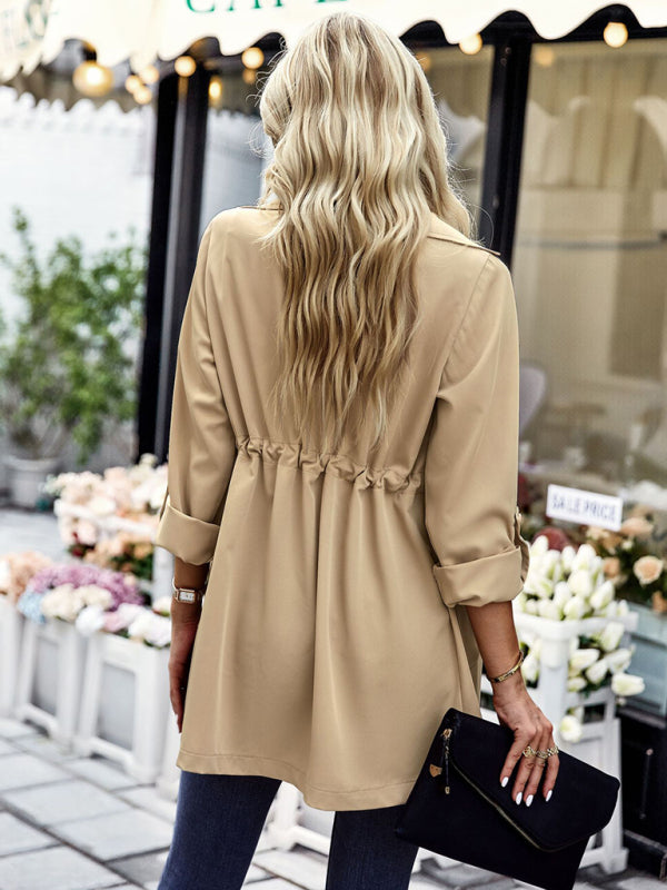 Women's fashion lapel drawstring trench coat - Closther