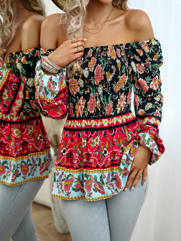 New Women's Floral Square Neck Long Sleeve Top - Closther