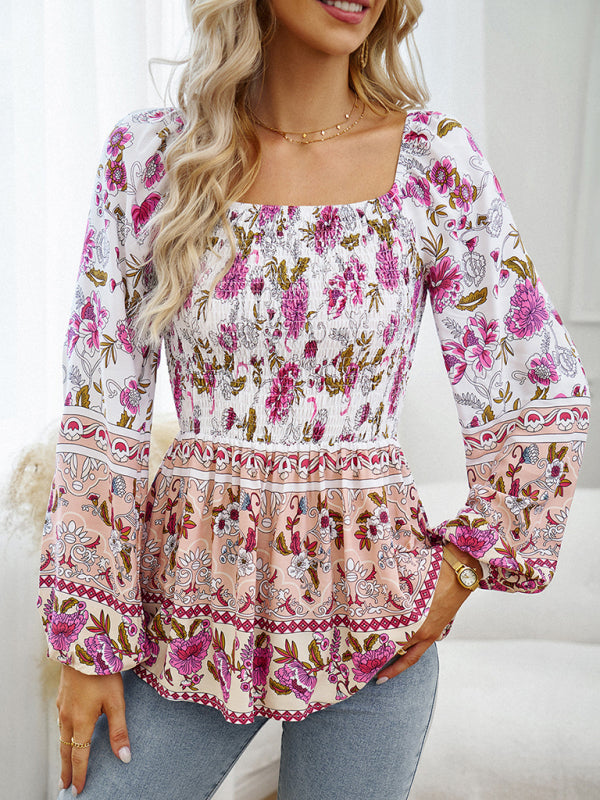 New Women's Floral Square Neck Long Sleeve Top - Closther