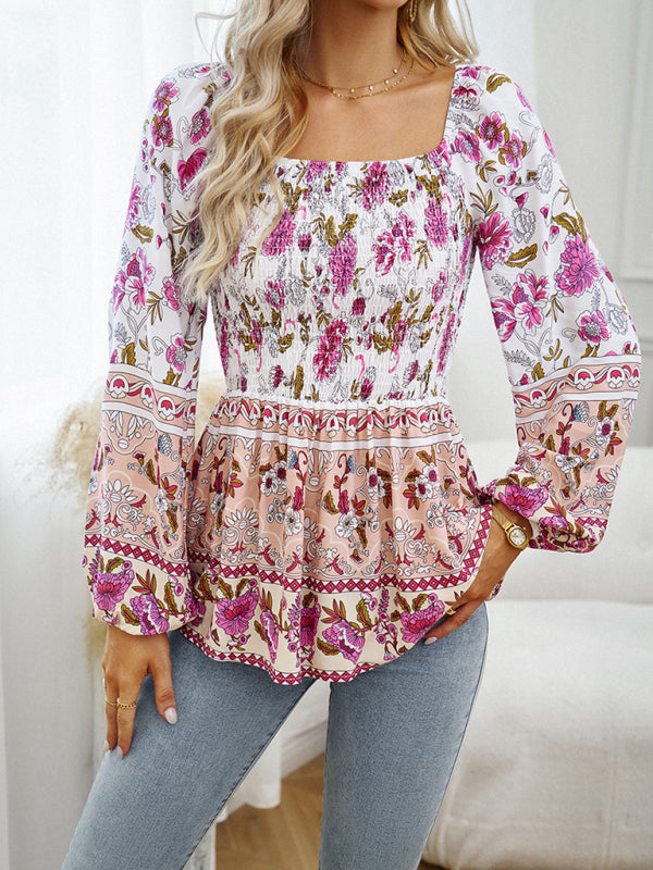 New Women's Floral Square Neck Long Sleeve Top - Closther