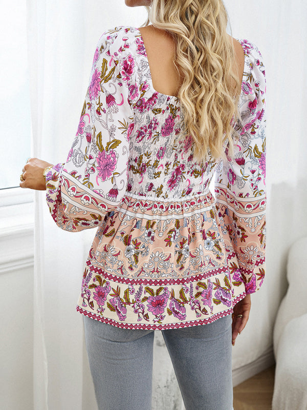 New Women's Floral Square Neck Long Sleeve Top - Closther