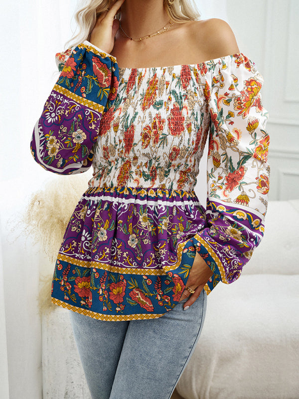 New Women's Floral Square Neck Long Sleeve Top - Closther