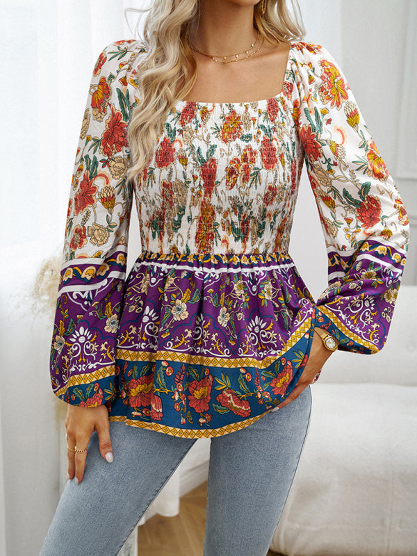 New Women's Floral Square Neck Long Sleeve Top - Closther