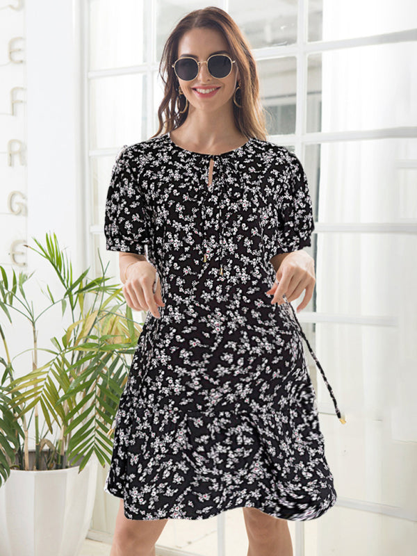 New Fashion Women's Floral Skirt Round Neck Tie-Up High Waist Puff Sleeve Dress - Closther