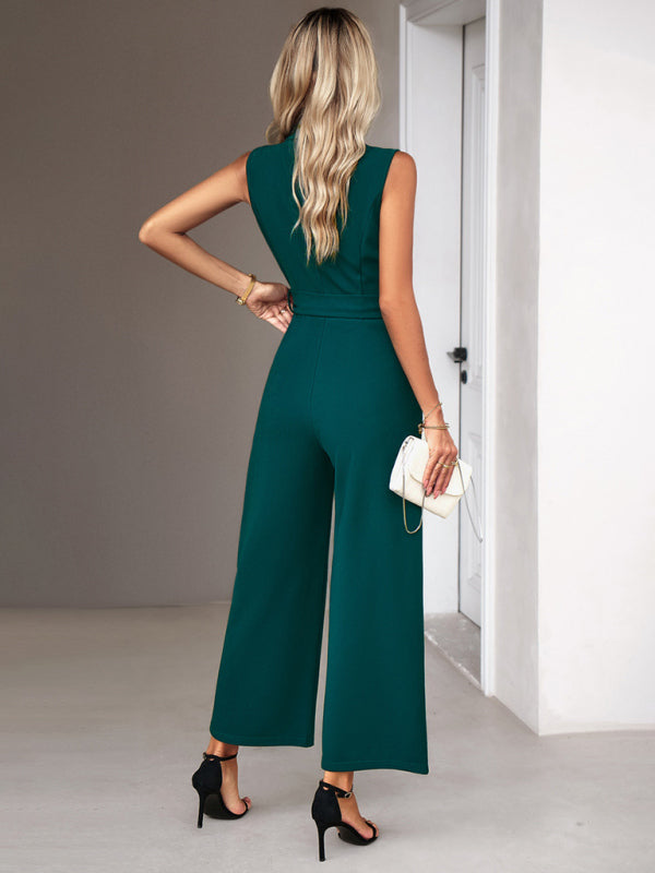 New women's elegant V-neck tie commuter sleeveless jumpsuit - Closther