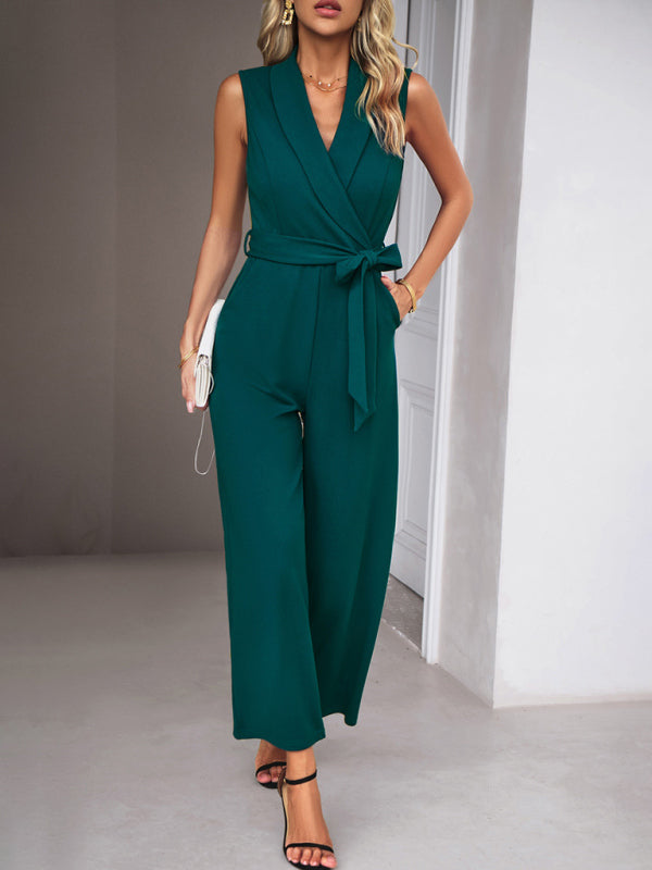 New women's elegant V-neck tie commuter sleeveless jumpsuit - Closther