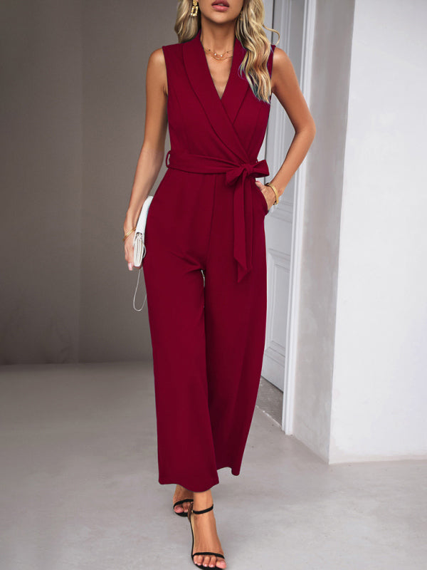 New women's elegant V-neck tie commuter sleeveless jumpsuit - Closther